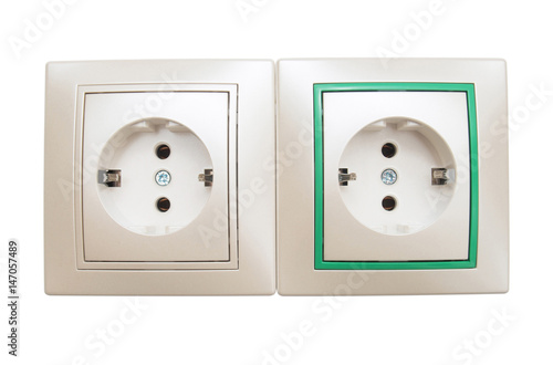Two single electrical outlets isolated on white background. Flat lay, top view