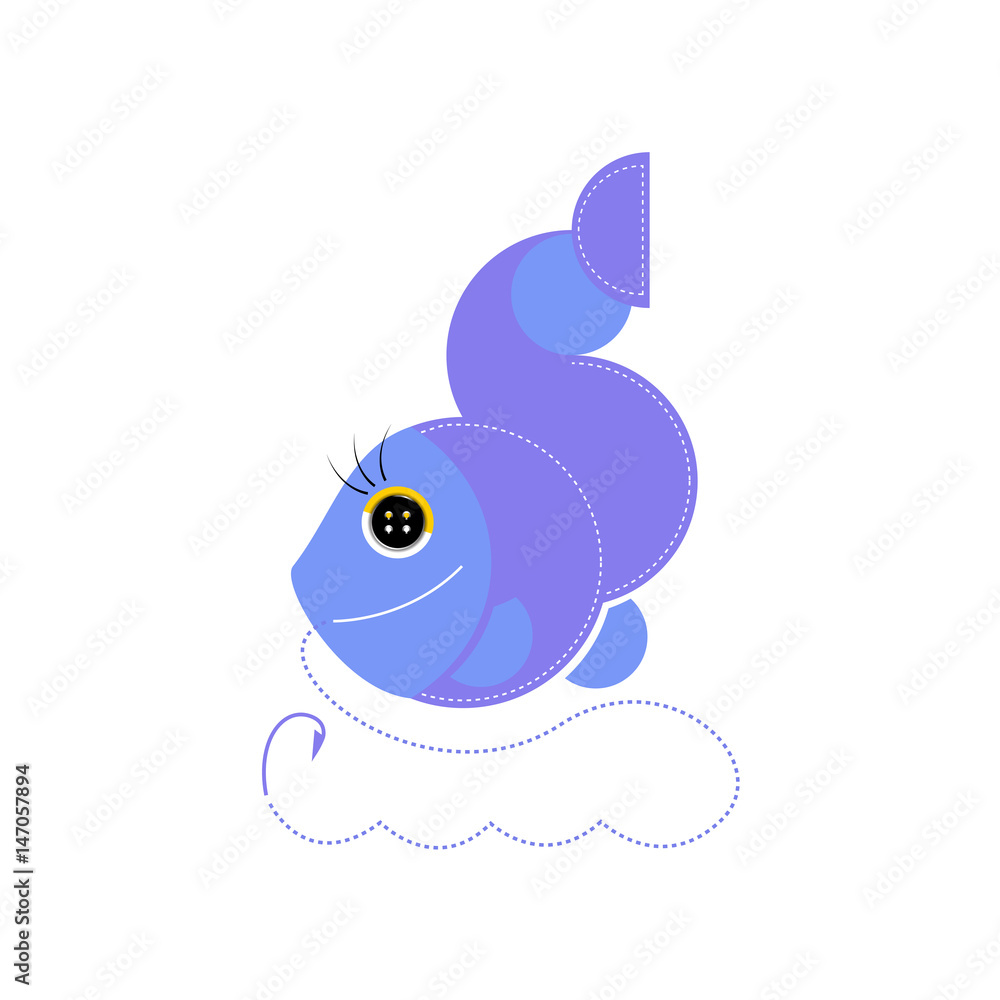 Blue fish with a black eye button. Hook and line. Handmade stitches. Seams on the contour. Application isolated. White background. Blue fish with a black eye button. Hook and line. Handmade stitches. Seams on the contour. Application isolated. White background.
