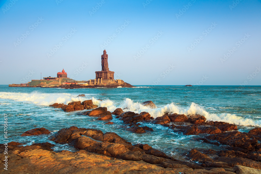 Waves break about the rocks off the coast of Kanyakumari. Waves break about the rocks off the coast of Kanyakumari.