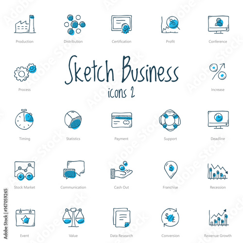 Set of black sketch business icons with blue accent isolated on light background.