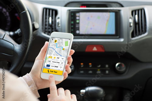 woman hands holding phone app call taxi map navigation car