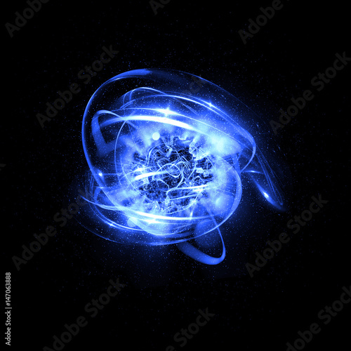 3D Atom icon. Luminous nuclear model on dark background. Glowing energy balls. Molecule structure. Trace atoms and electrons..Physics concept. Microscopic forms. Nuclear reaction element. Supernova