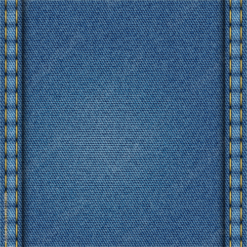 Blue Denim Texture. Edges of the Texture are Stitched by Threads. 