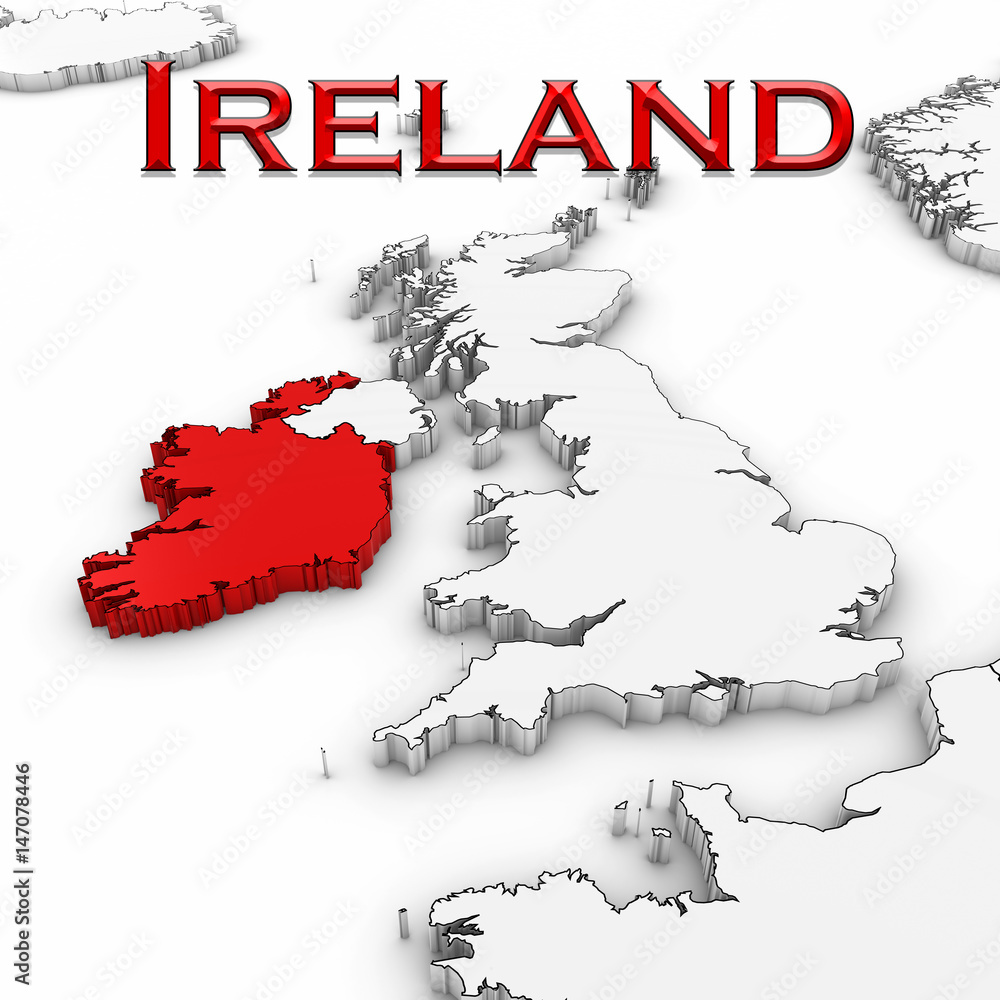 3D Map of Ireland with Country Name Highlighted Red on White Background 3D Illustration