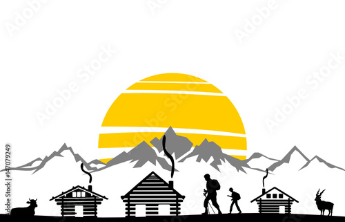 Silhouette Berge Wanderer Sonne