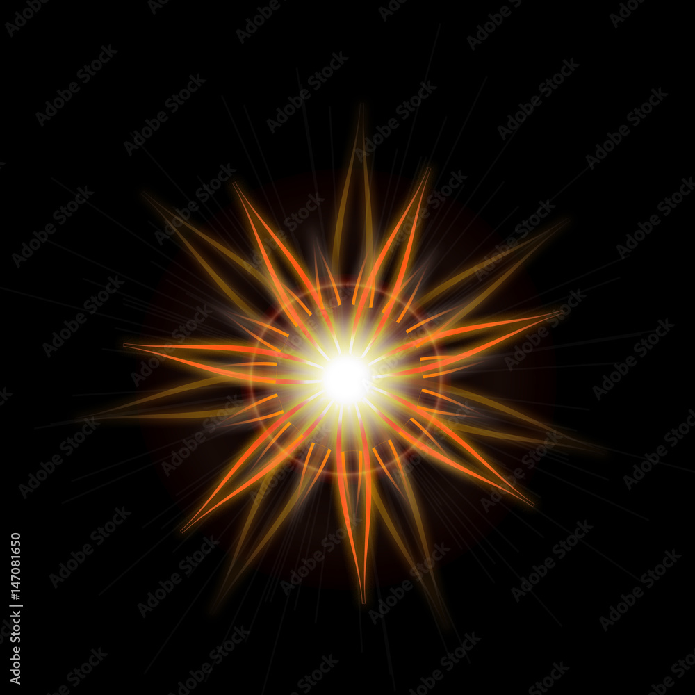 Bright Star Burst Light Effect with Glittering, Glowing Sparkles - Nebula Flare and Glare, Element for Texture or Background, Isolated on Black