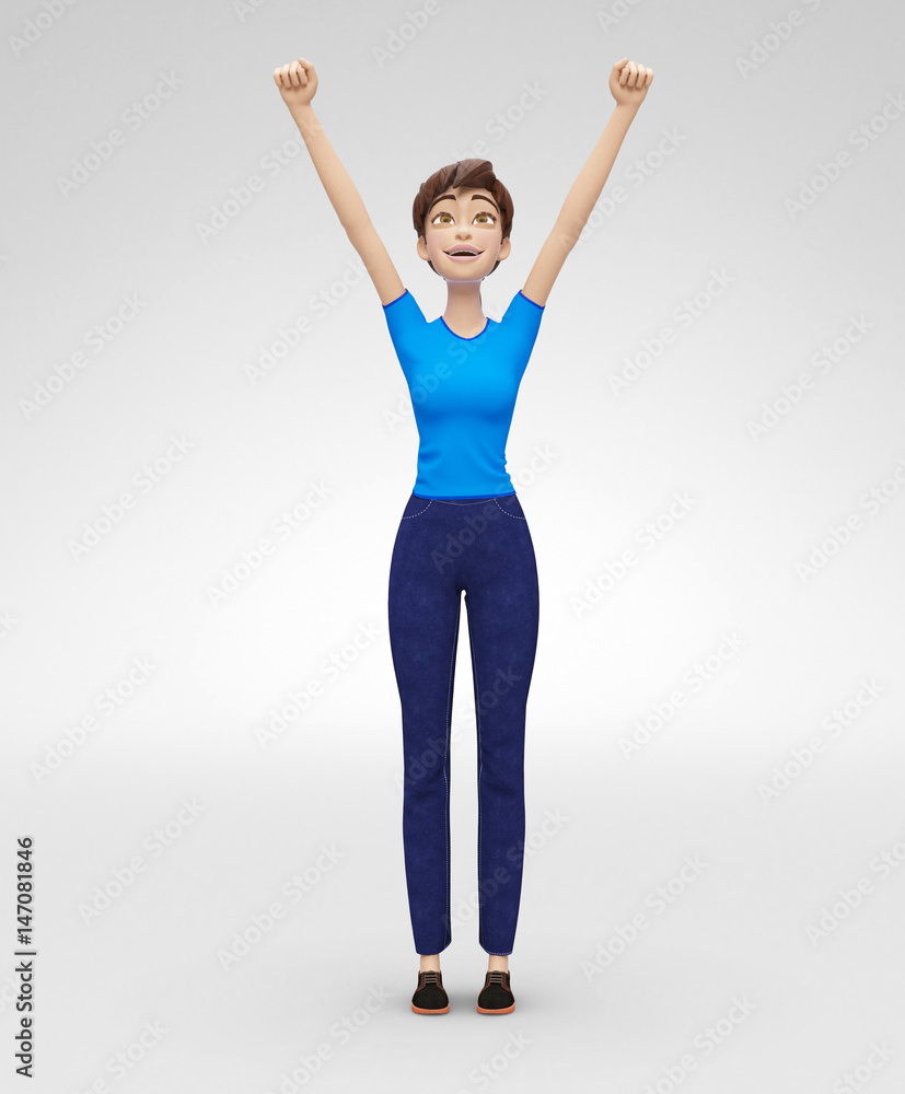 Smiling, Successful Jenny - 3D Cartoon Female Character Model Portrays Winner Concept, in Casual Clothes, Isolated on White Spotlight Background Smiling, Successful Jenny - 3D Cartoon Female Character Model Portrays Winner Concept, in Casual Clothes, Isolated on White Spotlight Background