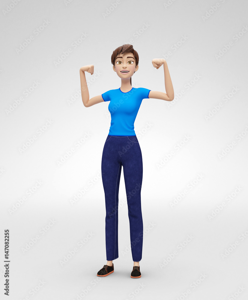 Confident, Strong Jenny - 3D Cartoon Female Character Model - Projects Power, Demonstrates Strength and Shows Muscles, in Casual Clothes, Isolated on White Spotlight Background
