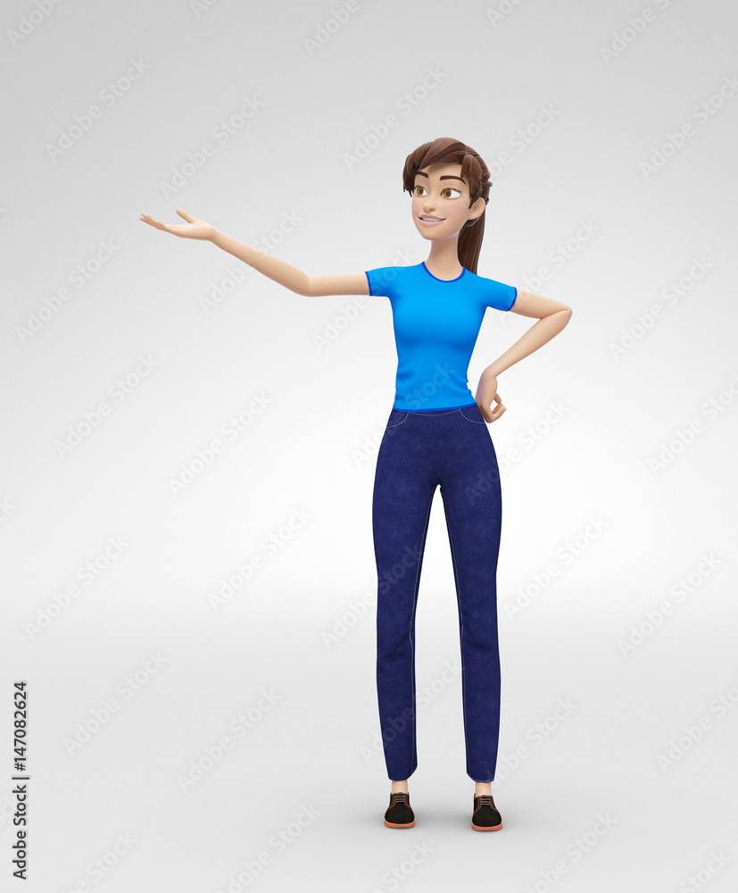 Excited and Smiling Jenny - 3D Cartoon Female Character Model - Presents Product or Service with Confidence, in Casual Clothes, Isolated on White Spotlight Background