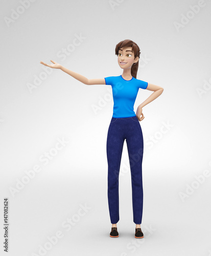 Excited and Smiling Jenny - 3D Cartoon Female Character Model - Presents Product or Service with Confidence, in Casual Clothes, Isolated on White Spotlight Background