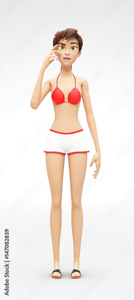 Lost and Concerned Psychic Jenny - 3D Cartoon Female Character Model - Challenged by Problem, Appears Serious In Thought-Provoking Manner, in Swimsuit Bikini, Isolated on White Spotlight Background Lost and Concerned Psychic Jenny - 3D Cartoon Female Character Model - Challenged by Problem, Appears Serious In Thought-Provoking Manner, in Swimsuit Bikini, Isolated on White Spotlight Background