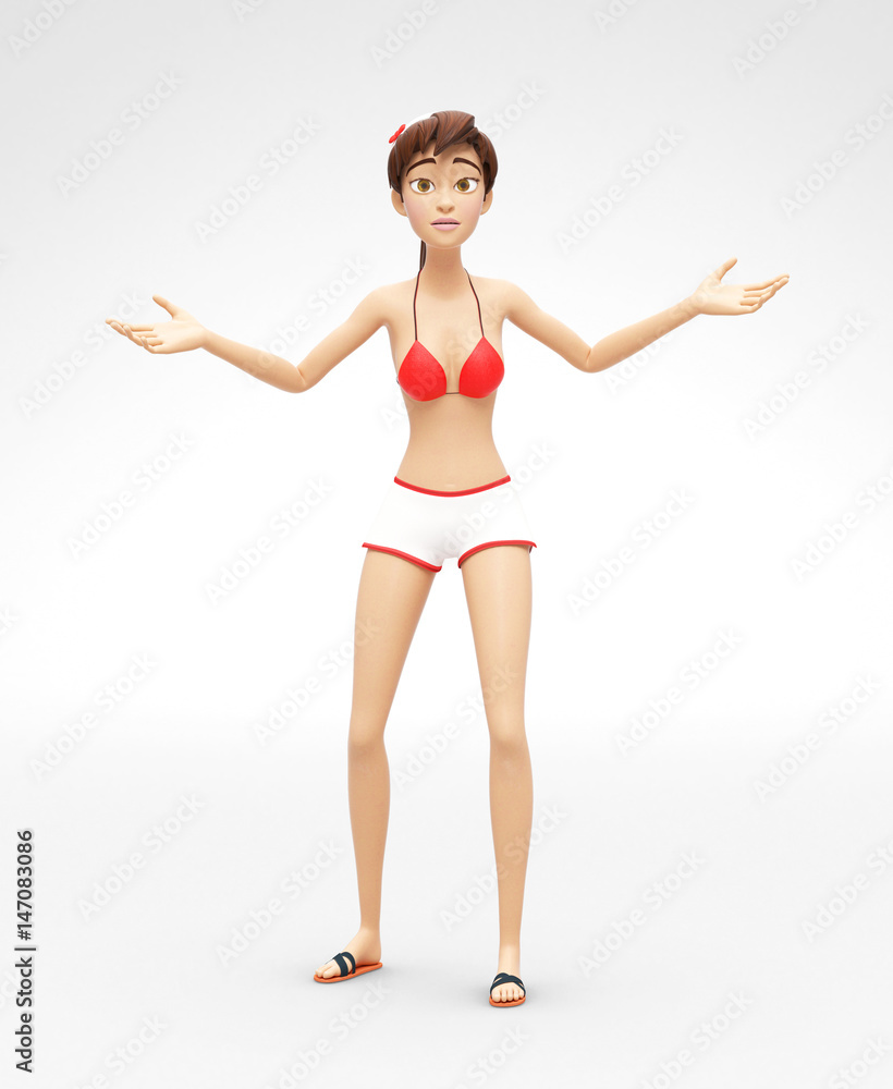 Surprised Jenny Says So What - 3D Cartoon Female Character Model - Appears Indifferent, Lost and Discouraged, in Casual Two-Piece Swimsuit Bikini, Isolated on White Spotlight Background Surprised Jenny Says So What - 3D Cartoon Female Character Model - Appears Indifferent, Lost and Discouraged, in Casual Two-Piece Swimsuit Bikini, Isolated on White Spotlight Background