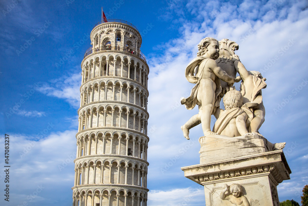 Leaning Tower of Pisa and the Fontana dei Putti, Italy