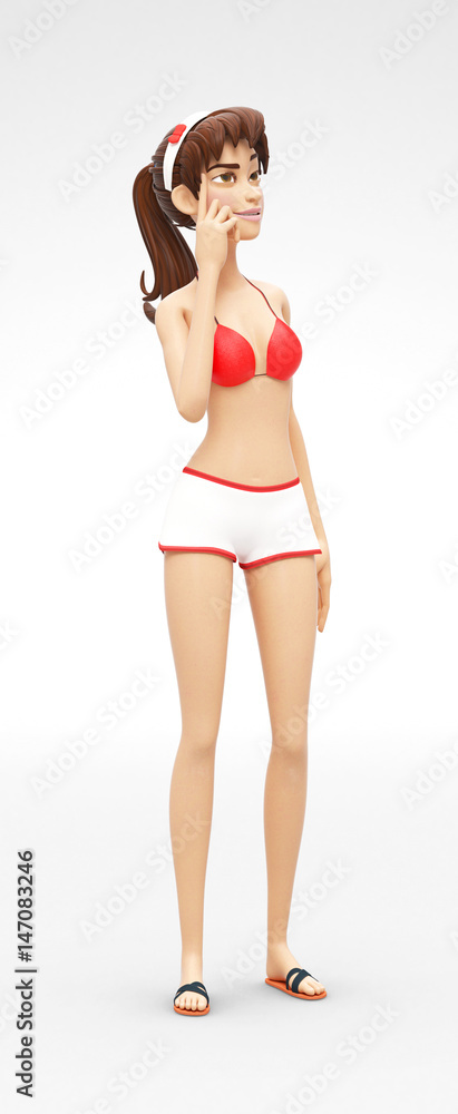 Perplexed and Concerned Psychic Jenny - 3D Cartoon Female Character Model - Appears Reflective and Thoughtful, in Casual Two-Piece Swimsuit Bikini, Isolated on White Spotlight Background Perplexed and Concerned Psychic Jenny - 3D Cartoon Female Character Model - Appears Reflective and Thoughtful, in Casual Two-Piece Swimsuit Bikini, Isolated on White Spotlight Background