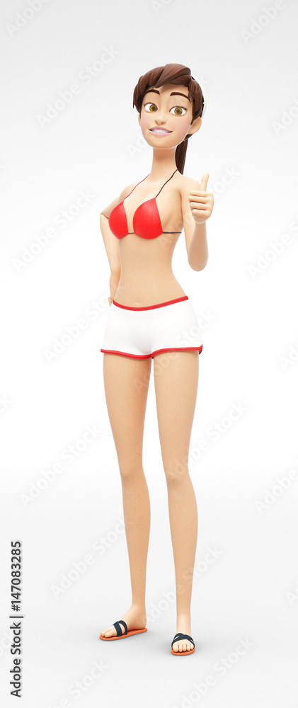 Smiling, Confident and Strong Jenny - 3D Cartoon Female Character Model - Shows Thumbs Up In Successful and Pleased Stance, in Casual Two-Piece Swimsuit Bikini, Isolated on White Spotlight Background Smiling, Confident and Strong Jenny - 3D Cartoon Female Character Model - Shows Thumbs Up In Successful and Pleased Stance, in Casual Two-Piece Swimsuit Bikini, Isolated on White Spotlight Background