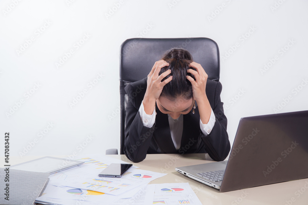 working woman are stressed from pile of work in front of her in work concept - asian woman stressful job concept. working woman are stressed from pile of work in front of her in work concept - asian woman stressful job concept.