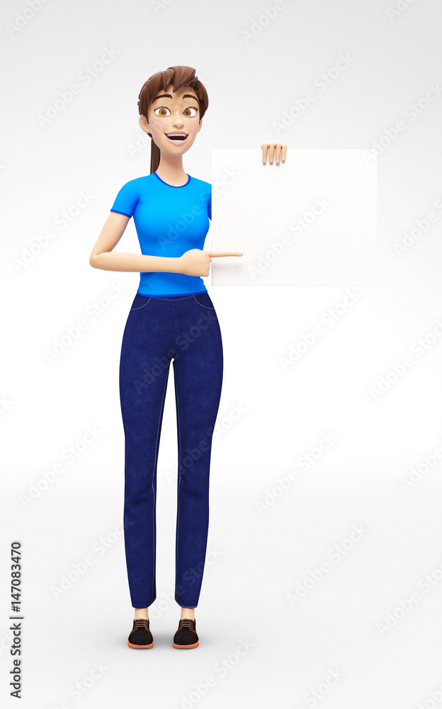 Blank Product Poster and Banner Mockup Held by Laughing and Happy Jenny - 3D Cartoon Female Character in Casual Clothes as Presentation of Information or Advertisement, Isolated on White Background Blank Product Poster and Banner Mockup Held by Laughing and Happy Jenny - 3D Cartoon Female Character in Casual Clothes as Presentation of Information or Advertisement, Isolated on White Background