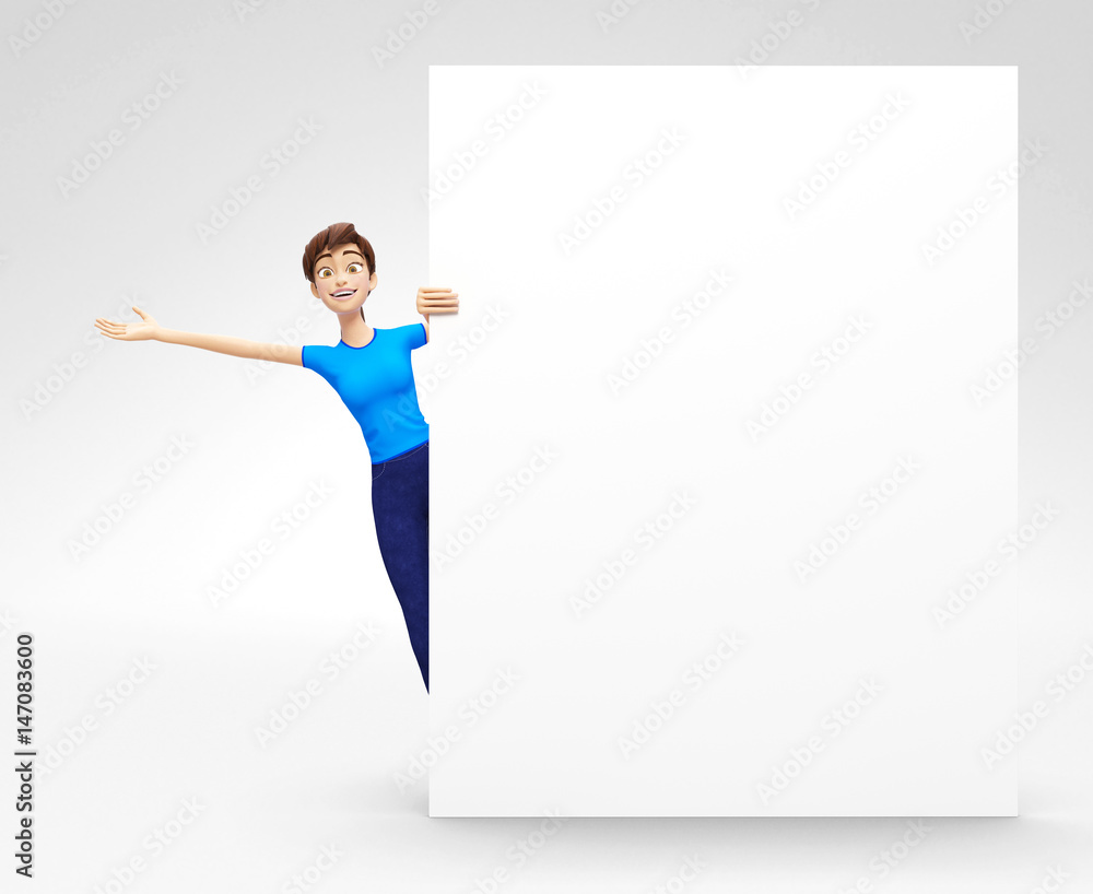 Blank Product Billboard and Banner Mockup Announced by Smiling and Happy Jenny - 3D Cartoon Female Character in Casual Clothes as Presentation of Information or Advertisement, Isolated on White Blank Product Billboard and Banner Mockup Announced by Smiling and Happy Jenny - 3D Cartoon Female Character in Casual Clothes as Presentation of Information or Advertisement, Isolated on White