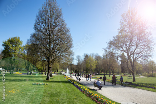 Park on a sunny day and lots of walking people