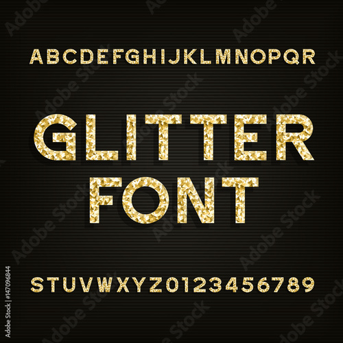 Golden glitter alphabet font. Type letters and numbers. Stock vector typography for your design.