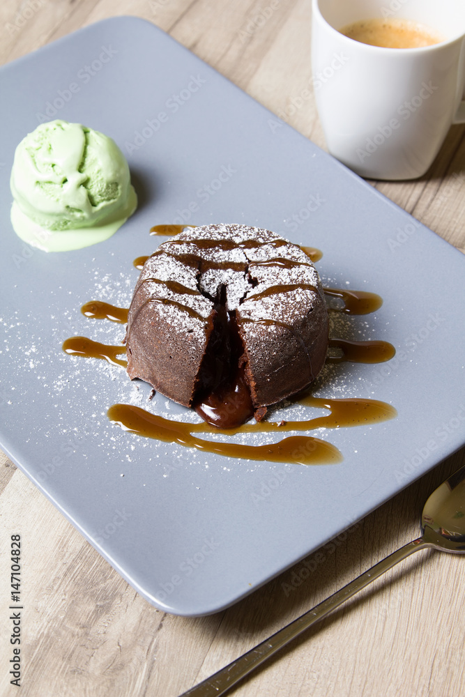 Chocolate fondant lava cake with caramel topping and ice cream Chocolate fondant lava cake with caramel topping and ice cream