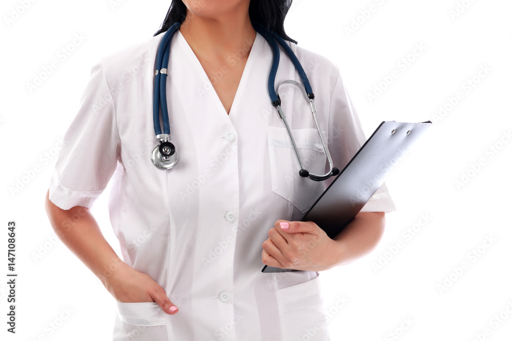 medical doctor woman with clipboard, isolated on white medical doctor woman with clipboard, isolated on white