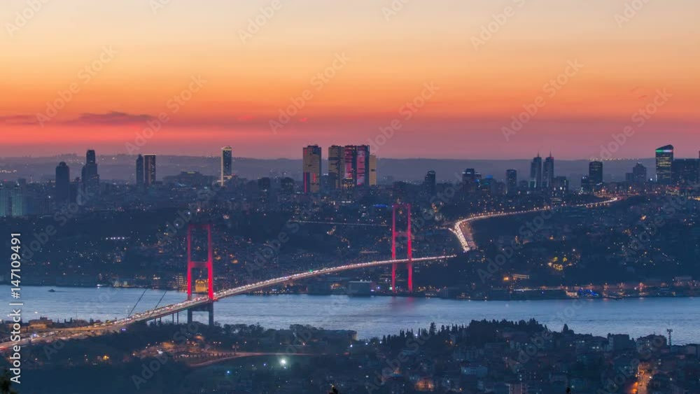 Istanbul city skyline cityscape time lapse from day to night view of bosphorus bridge and financial business center Istanbul city skyline cityscape time lapse from day to night view of bosphorus bridge and financial business center