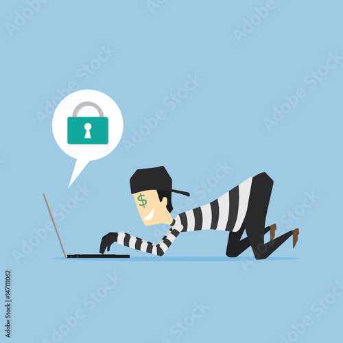 Thief playing notebook, hacker steal the documents, data, and money from computer