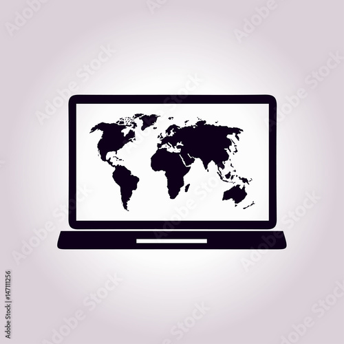 Laptop and world map illustration. World map geography symbol.  Flat design style. 