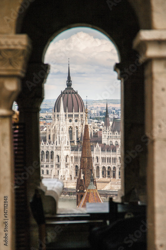 view of the Hungarian Parliament Building on the bank of the Danube in Budapest, Hungary