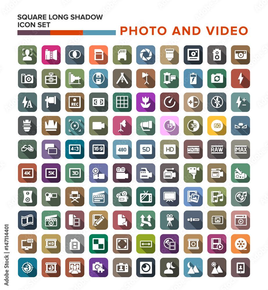Vector collection of Photo Video icons with long shadow. Vector collection of Photo Video icons with long shadow.