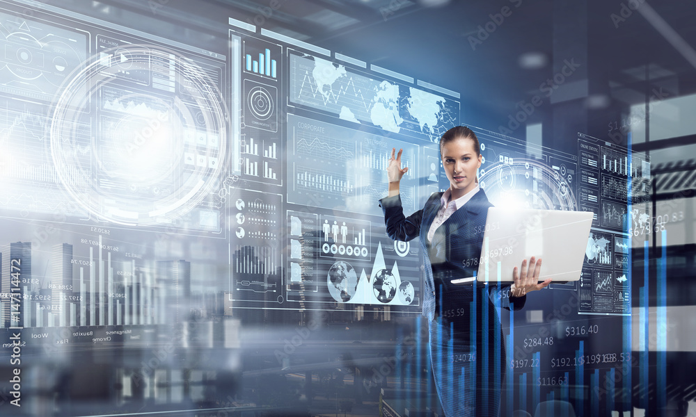 Woman with laptop in hands. Mixed media Woman with laptop in hands. Mixed media