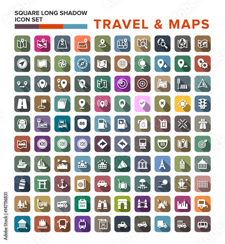 travel and map icons with long shadow, stock vector Illustration