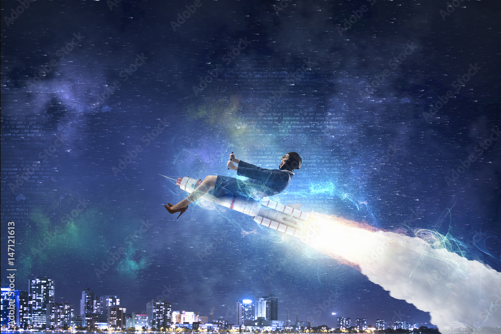 Woman riding missile. Mixed media Woman riding missile. Mixed media