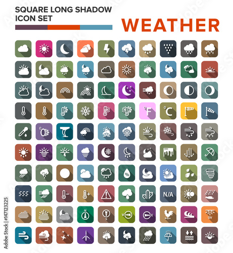 Flat color weather icons. Vector illustration of flat color weather icons with long shadow.