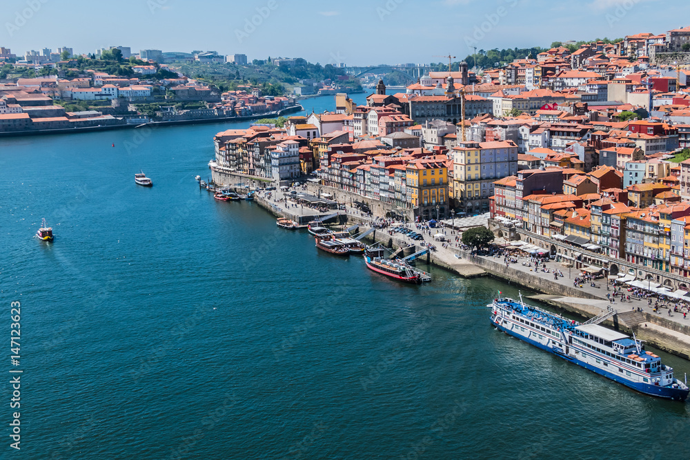 Aerial view of Douro river and Ribeira district. Porto. Portugal