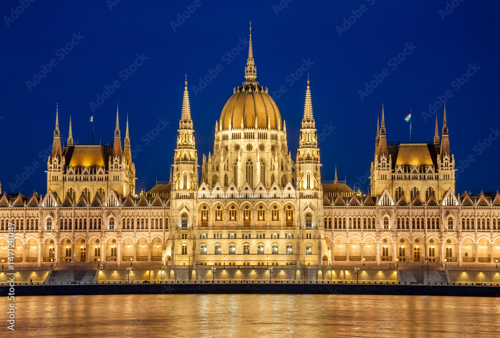 Night view of the Hungarian Parliament Building on the bank of the Danube in Budapest, Hungary