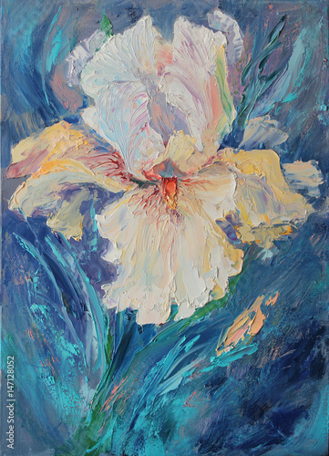 Obraz na płótnie Biała tęczówka na wielobarwnym niebieskim tle, oryginalny obraz olejny wykonany w stylu impresjonistycznym, z ciężkimi uderzeniami pędzla i szpachlą