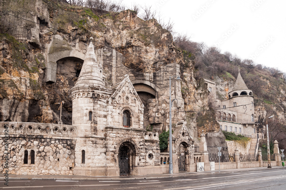 Facade of the Cave Church located inside Gellert Hill in Budapest