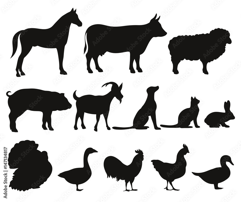 set of silhouettes of farm animals set of silhouettes of farm animals