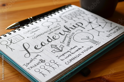 LEADERSHIP sketch notes on notepad with cup of coffee on deak