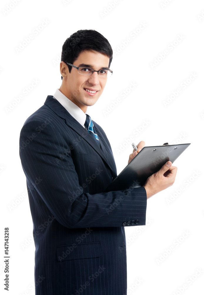 Businessman writing, isolated on white Businessman writing, isolated on white