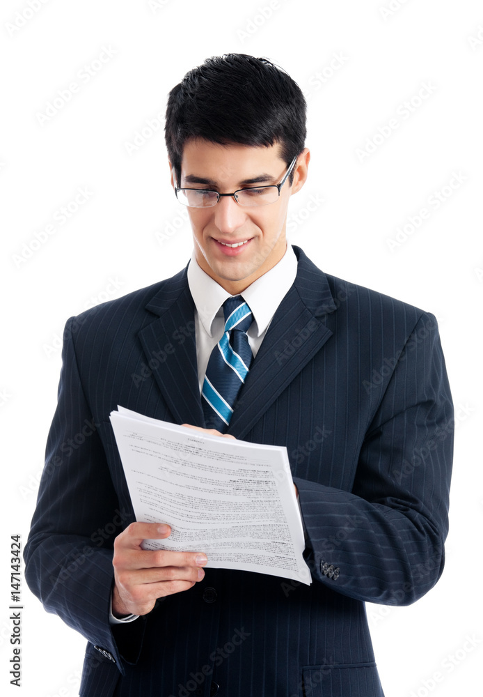 Businessman showing document or contract, on white