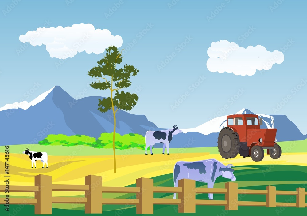 vector illustration of Farm tractor. cows, mounatains and green field ...