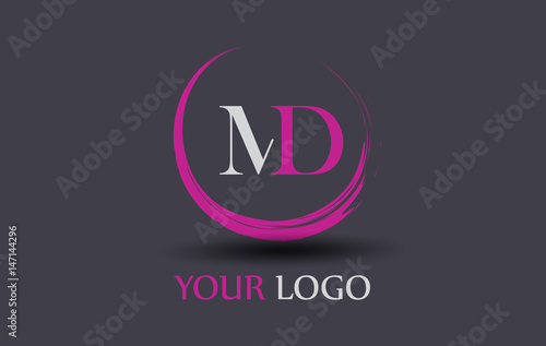 MD Letter Logo Circular Purple Splash Brush Concept.