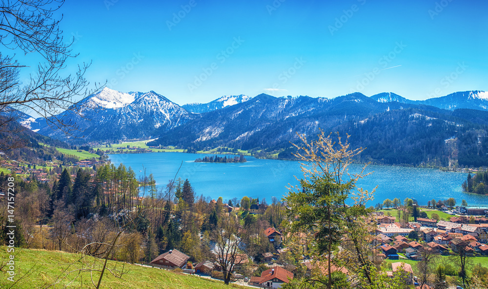 Panoramic landscape with mountain lake of Schliersee near Tegernsee, German Alps, Bavaria, Germany