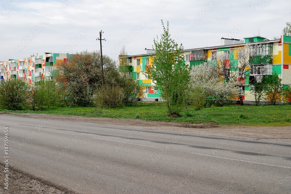 Bright houses along the road - obrazy, fototapety, plakaty 