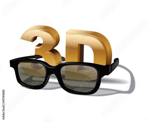 3D symbol with and three dimensional glasses  isolated on white background. Vector cinema poster element.