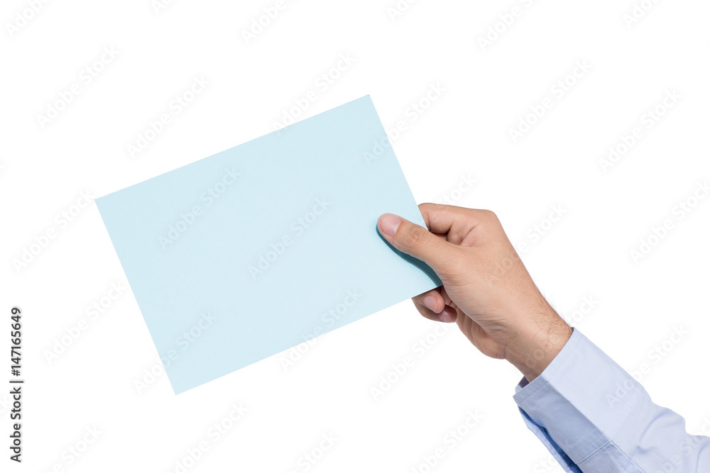 Hand holding blue paper isolated on white Hand holding blue paper isolated on white