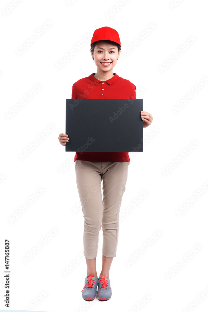Portrait of delivery woman holding board isolated on white background. Portrait of delivery woman holding board isolated on white background.